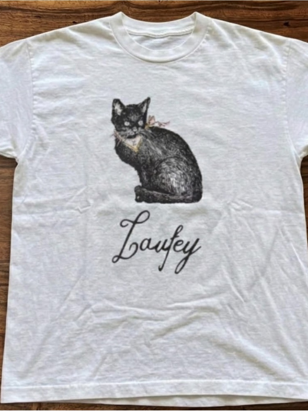 Laufey Cat White Graphic Tee - Black Cat Design